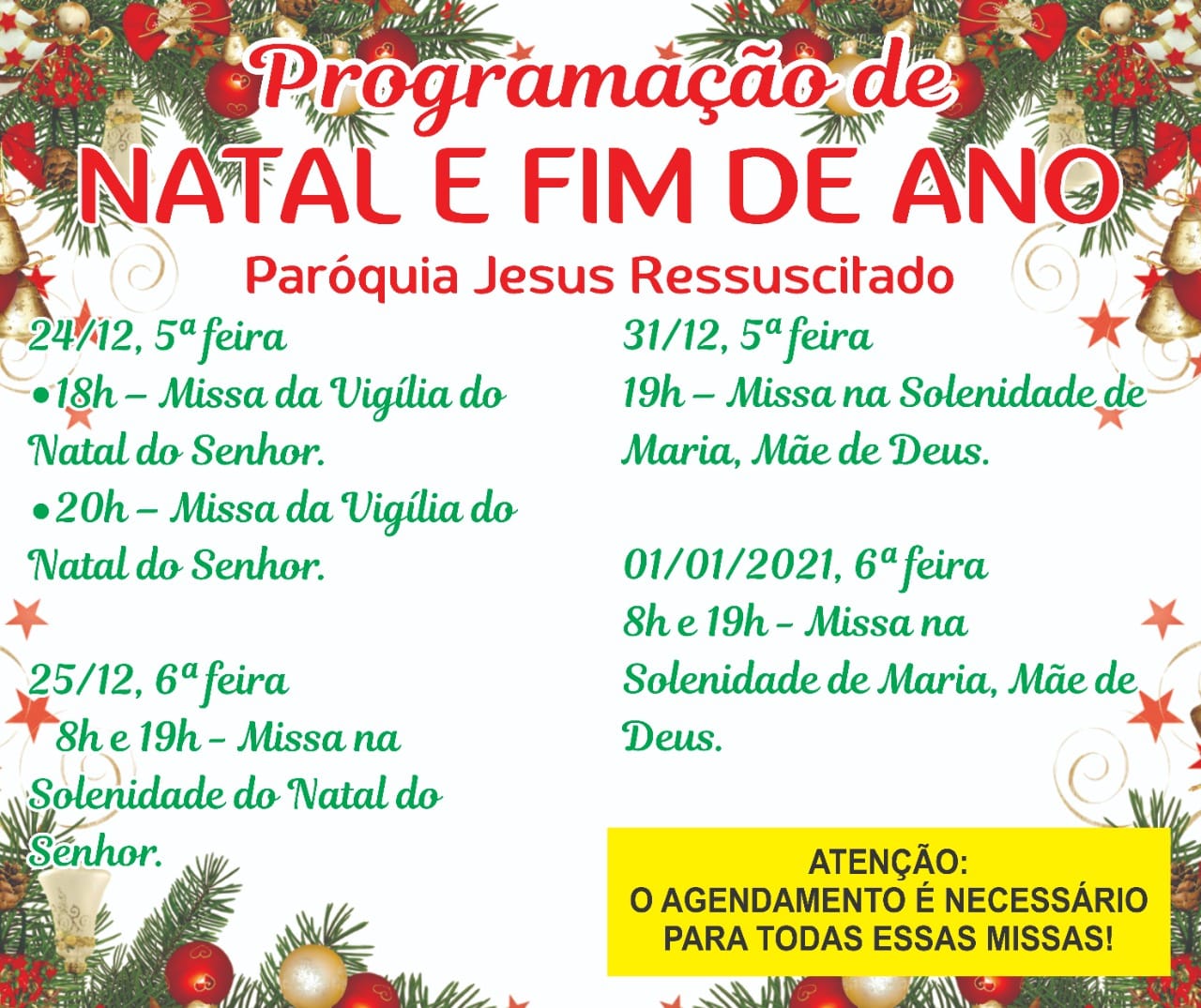 Programação de Natal e Fim de Ano na Paróquia Jesus Ressuscitado