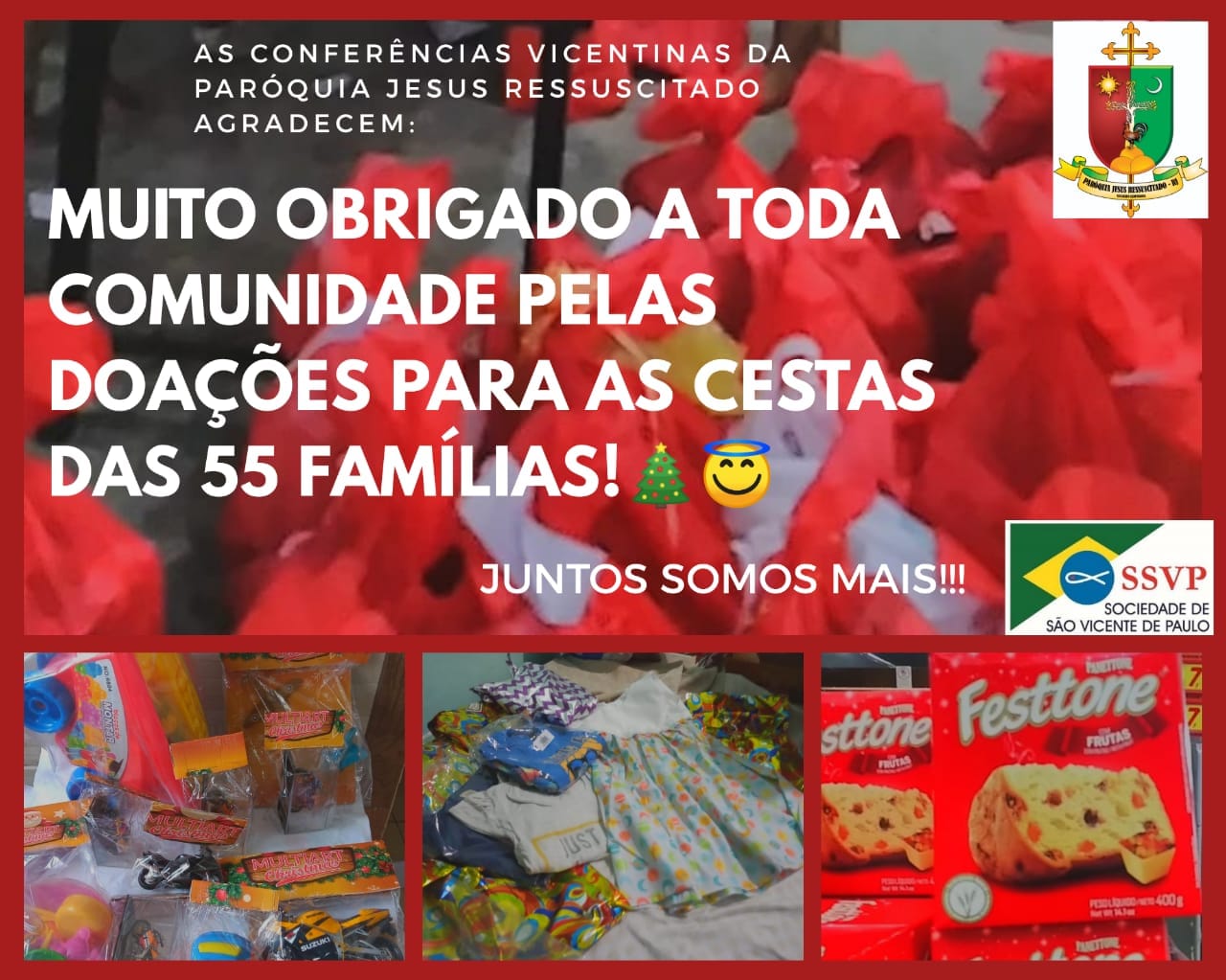 Agradecimento pela Doação das Cestas de Natal para as Famílias Assistidas.